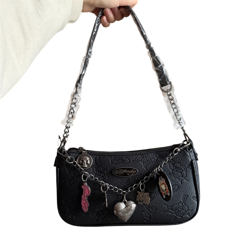Ed Hardy Black Embossed Shoulder Bag with Charms